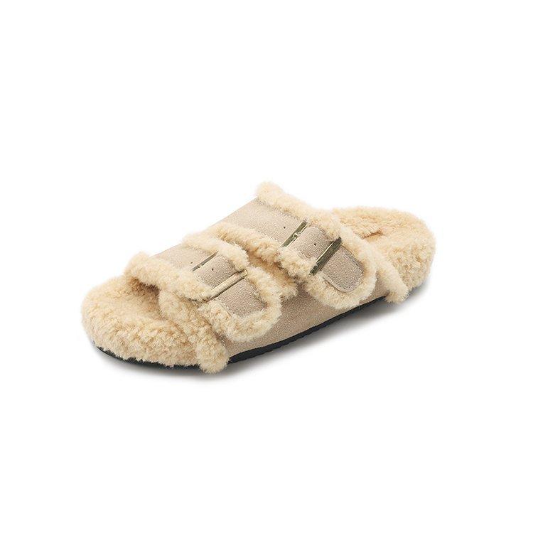 Lamb wool high-end sense~ Grape mother, the same style, one-word buckle lamb wool piled thick-soled fluffy slippers, wearing women's shoes outside
