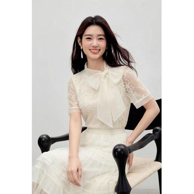 Qiushui Yiren Dames Blouse met Opstaande Kraag, Kant en Strikdetail