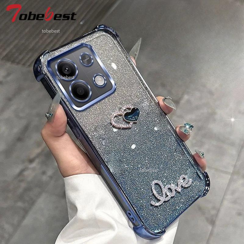 Etui silikonowe 3D Love Shockproof z brokatowym platingiem dla Xiaomi Redmi Note 13 Pro Plus 13C 13R 4G 5G Miękka tylna pokrywa