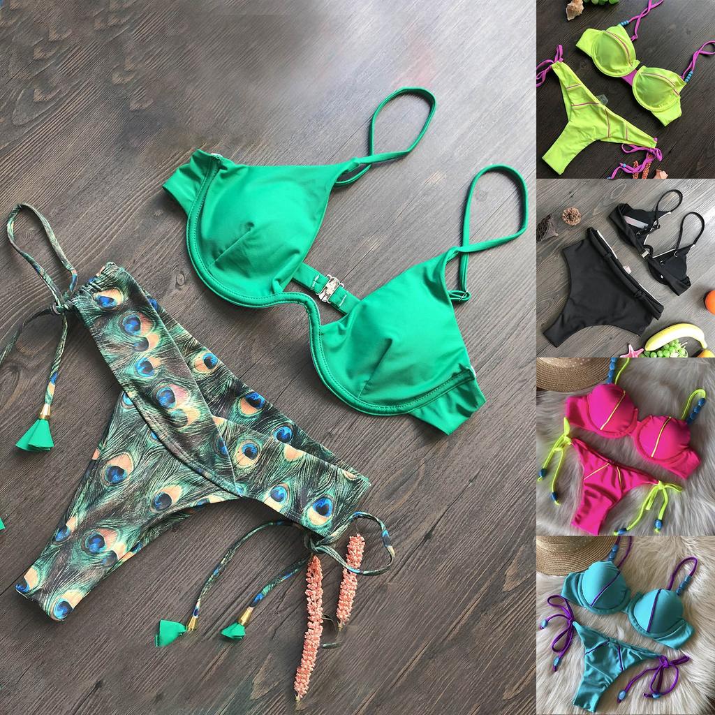 Women's Fashion Summer New Solid Color Tie Beach Sexy Split Two Piece Set Bikini Swimsuit