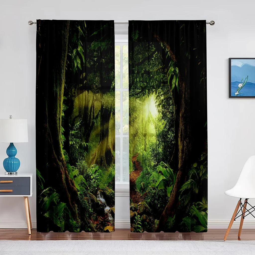3D Woodland Forest Foliage Sunbeams Nature View Curtains for Living Room Bedroom Kitchen Decor Sheer Curtains Window 2pcs Cortin