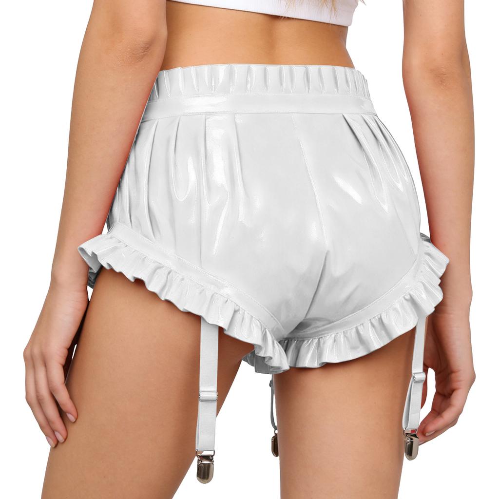 Slip da Donna in Ecopelle con Bordi Arricciati Pantaloncini Bloomer Pieghettati Clip per Reggicalze Lingerie Lucida
