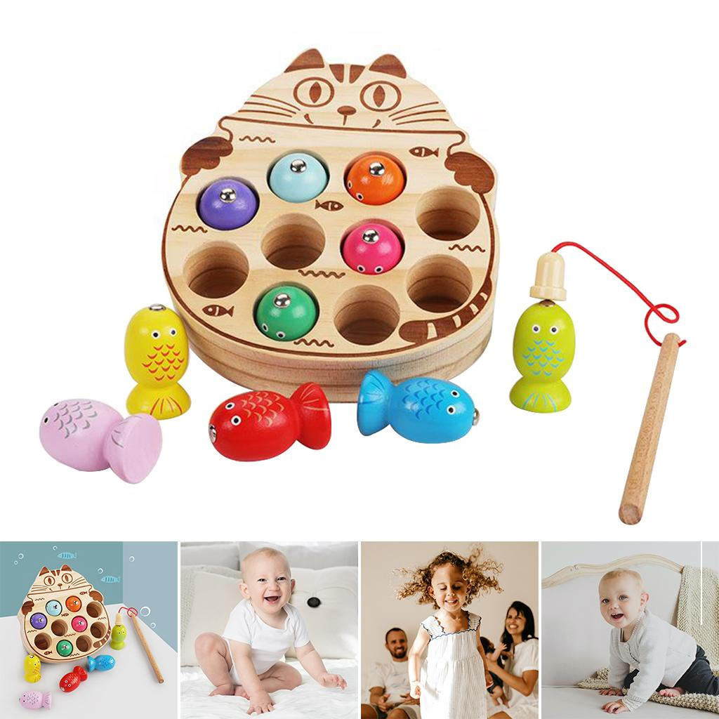 Early Childhood Cognitive Pairing Wooden Fishing Blocks Worms Game Toy Cat