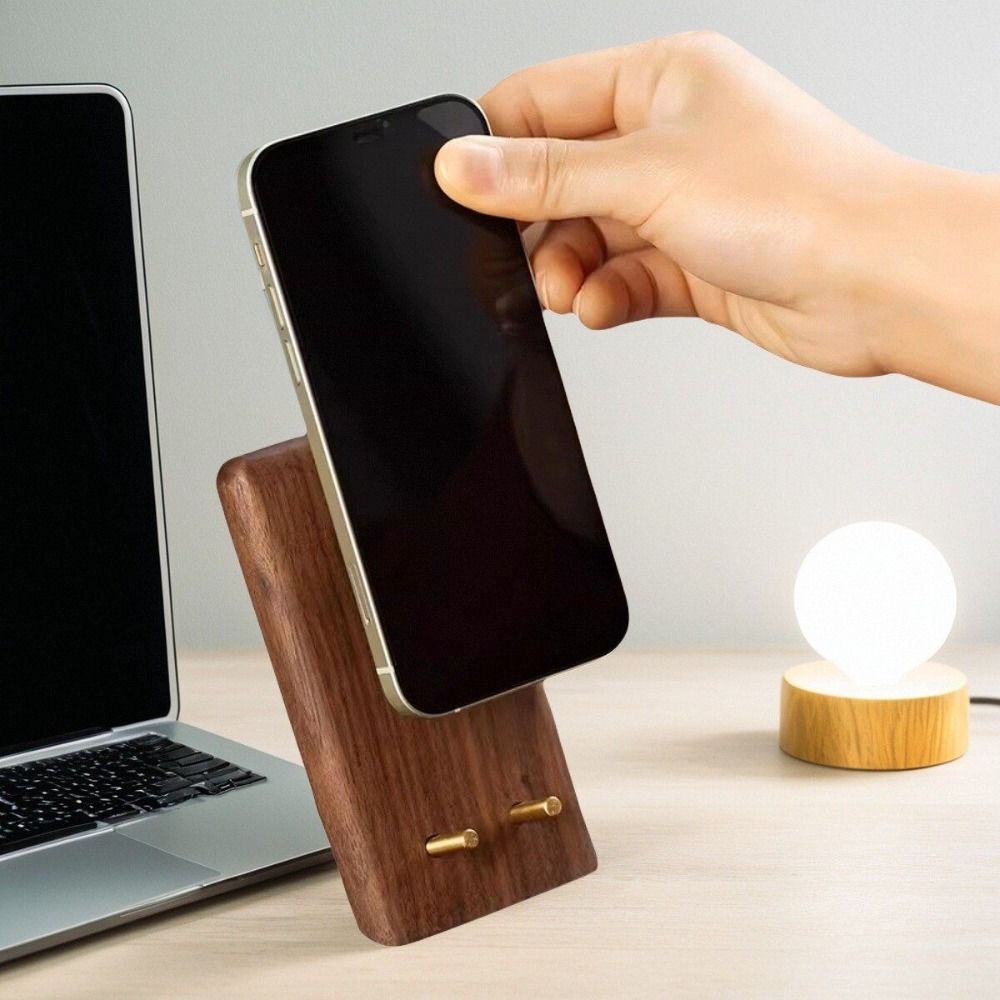 Retro Walnut Wood Phone Stand Non-Slip Base Simple Design Desktop Phone Holder Metal Portable Phone Bracket Desktop Use