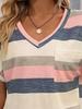 Women Cross Border Fashion T Shirt European American Striped V Neck Bat Sleeve New Spring Summer Collection