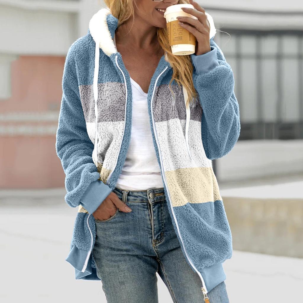 Women Color Block Fuzzy Fleece Hooded Jacket Full Zip Long Sleeve Plush Coat Casual Warm Outerwear S-5XL