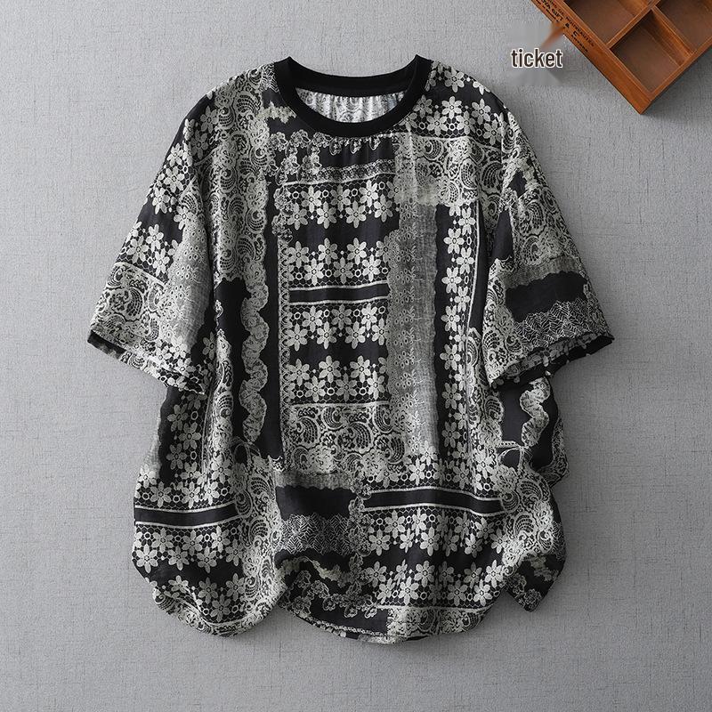 Women s High-End Retro Loose Fit Short Sleeve Summer Top XL