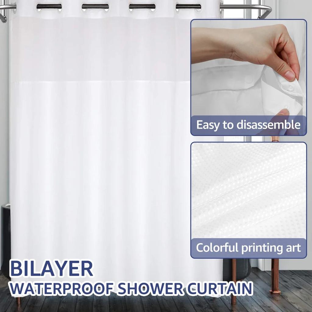 Hook Free Shower Curtain Waterproof Bathroom Curtains with Snap-in Liner Washable Bath Curtains Decorative White Shower Curtain