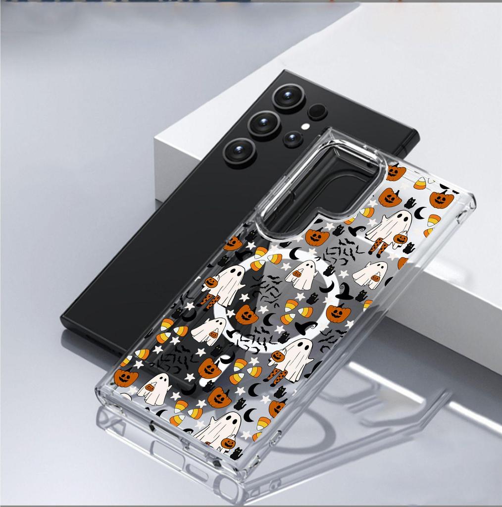 Orange Pumpkin Skull Magnetic Case for iPhone 15/16/17 Pro Max - Transparent Full Coverage