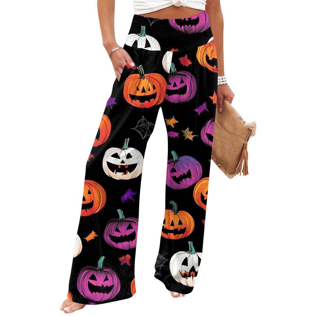 Dámské ležérní kalhoty s rovnými nohavicemi s potiskem a vysokým pasem s kapsami