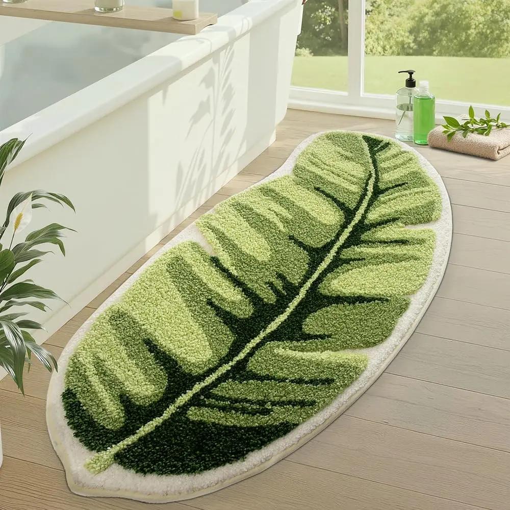 

Tropical Green Leaf Bathroom Floor Mat Soft Plush Anti Slip Mat Bathroom Shower Bathtub Front Home Decoration 40x60cm 16x24inch