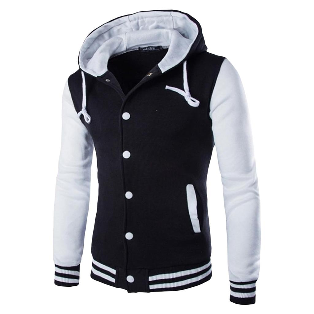 Men's Slim Fit Baseball Jacket Casual Sports Hooded Fleece Lined Button Pullover Sweatshirt With Pocket