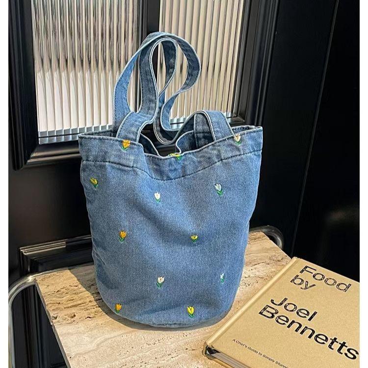 Japanese Style Denim Print Bucket Bag - Large Capacity Women's Tote for Shopping and Commuting