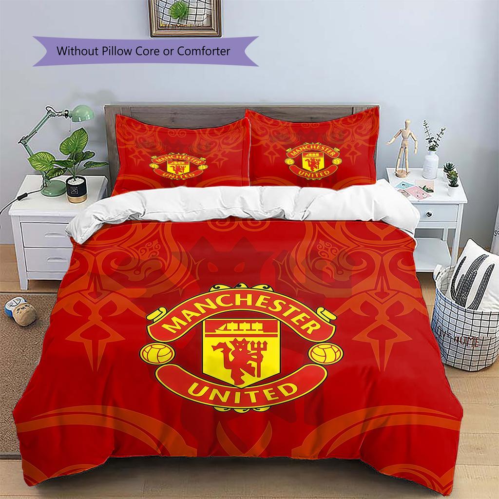 Manchester United F.C Vzorovaná Sada Povlečení a Prošívaná Přikrývka Domácí Dekorace Dárek (1 * povlak na peřinu + 2 * povlak na polštář bez jádra).xwn