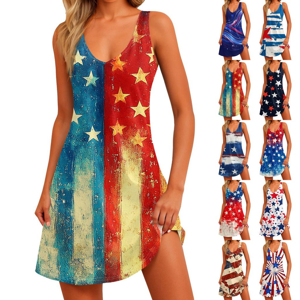 Damen Sommerkleid mit Print und Taschen, lässig, Sommer, Boho, Strandkleid, T-Shirt-Kleid, V-Ausschnitt, lockere Tanktop-Kleider