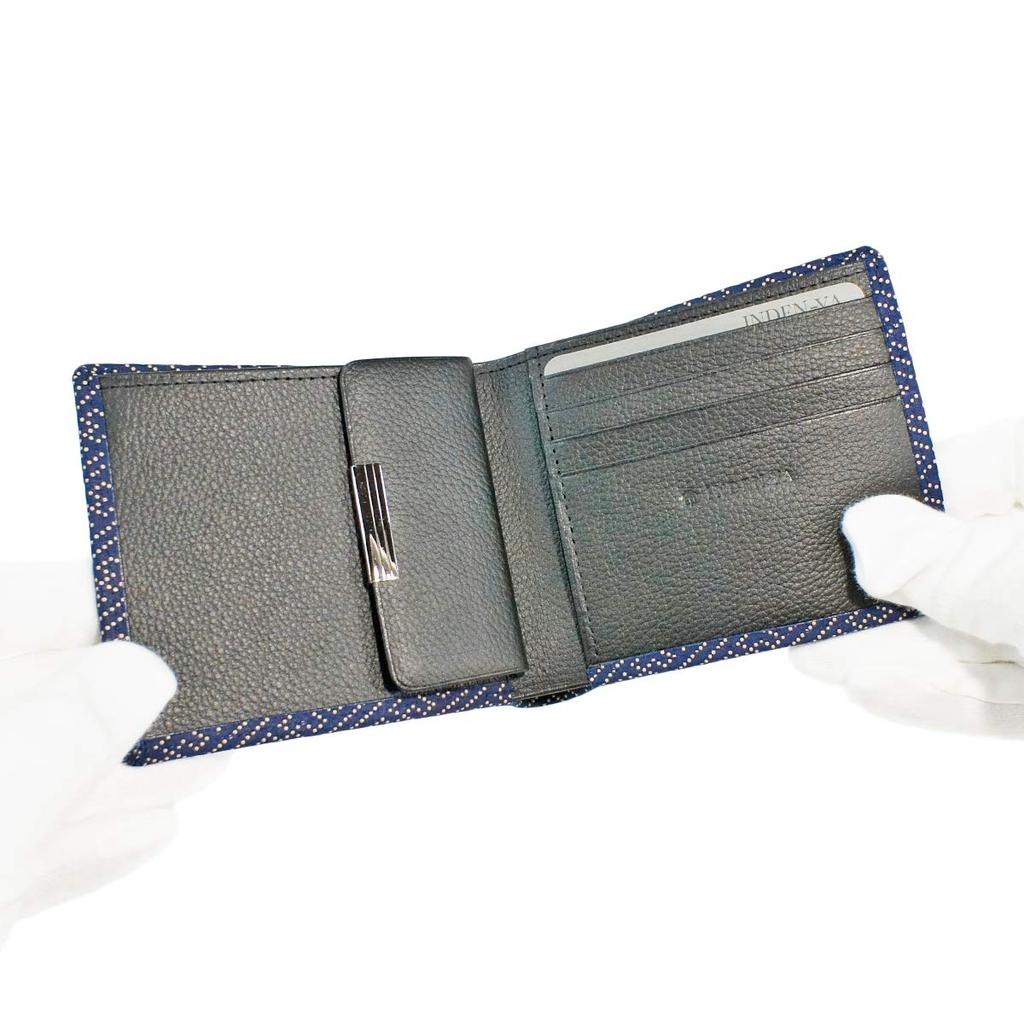 Inden Billfold Navy Blue with White Sayagata [Inden-ya] Bi-fold Wallet, C, Thin, Deerskin, Lacquer, Pattern, 2003-14-006