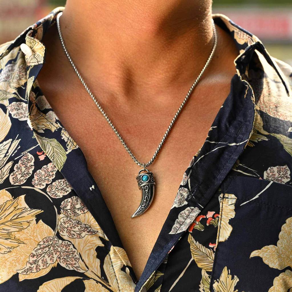 Vintage Horn Charms Necklace for Men Boys,Wateproof Natural Stone Pendant,Ethnic Style Accessories Gift
