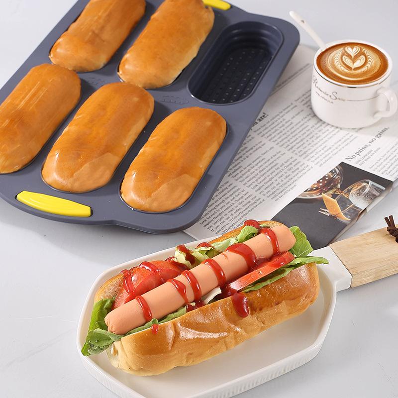 6-cavity Silicone Bread Loaf Pan, Nonstick Sourdough Loaf Pan & Heat Resistant Baguette Bread Pan,Molds for Baking Hoagie Rolls