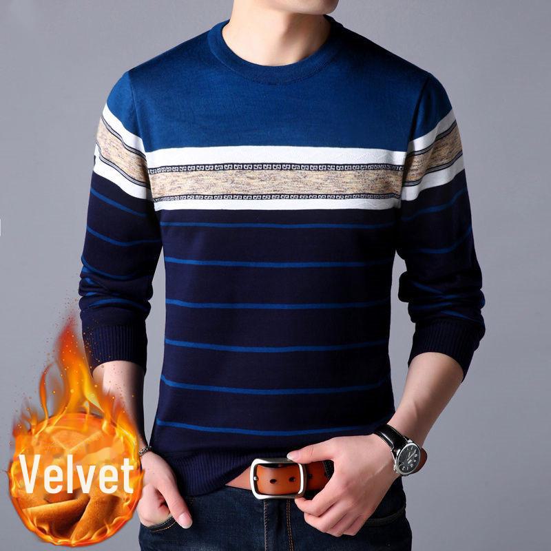 Men's Thermal Knitted Sweater - Plus Velvet, Round Neck, Thick Autumn/Winter Wear