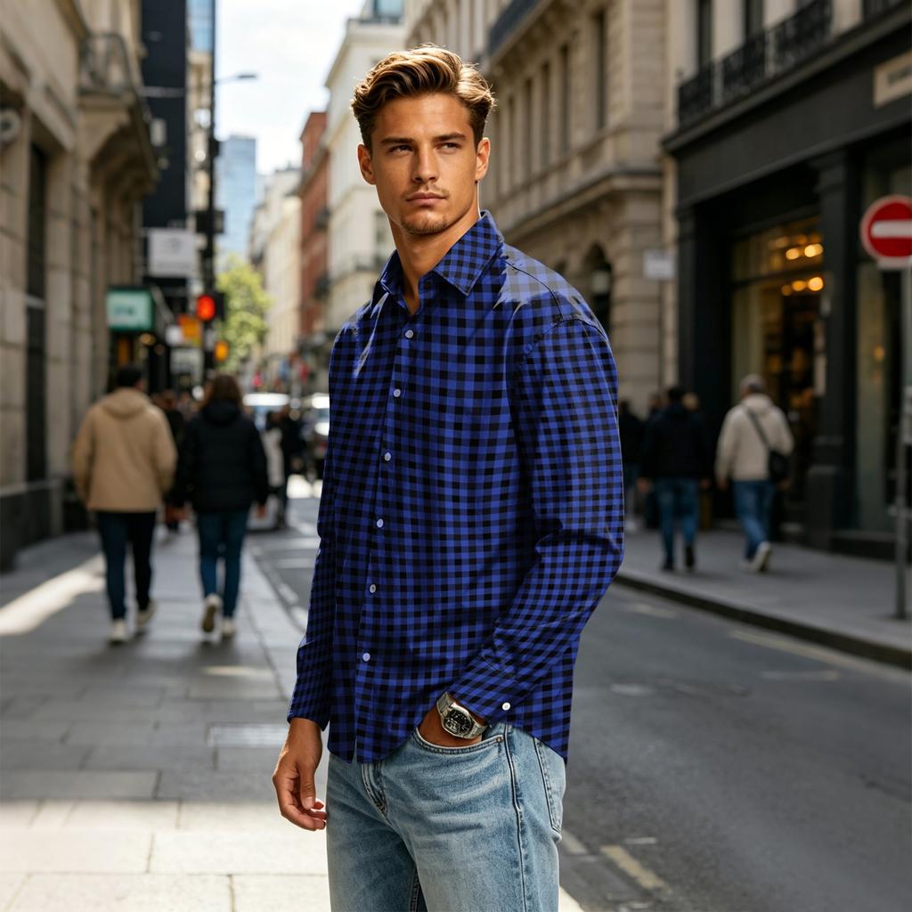 Men's Long Sleeve Plaid Shirt with Collar for Casual Daily Wear