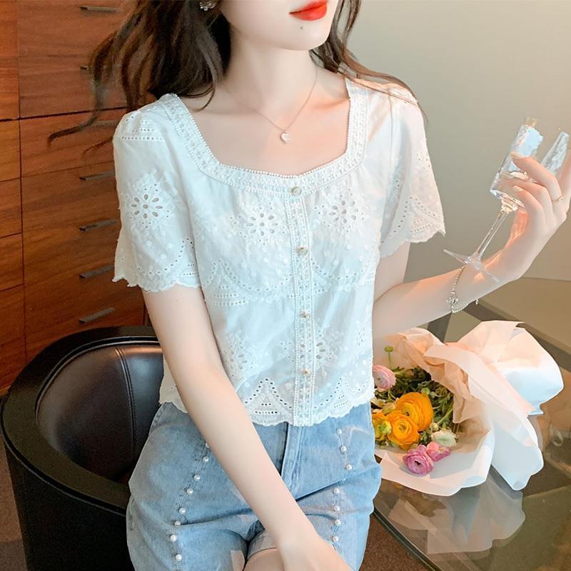 

Лето 2023 Ретро Ажурный Топ с Квадратным Вырезом и Коротким Рукавом для Женщин L белый