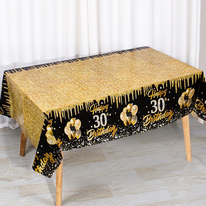 1pc Black and Gold Disposable Plastic Tablecloth for 30th, 40th, 50th, 60th Birthday Party Decorations Family Gathering