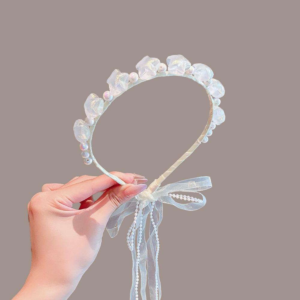 Bílý princeznovský vlasový obruč Roztomilá dětská čelenka Elegantní perlová mašle Vlasové pásky pro děti