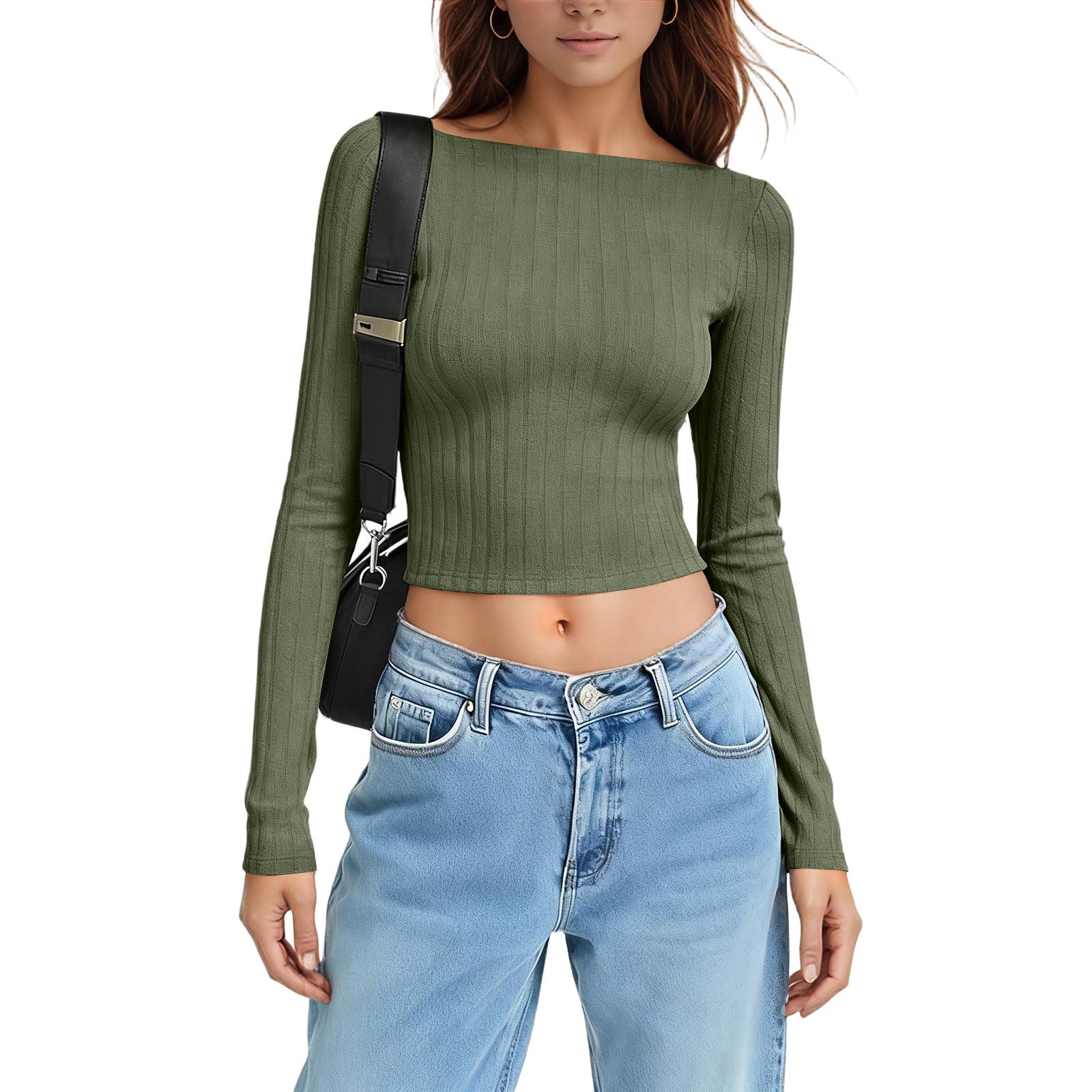 Women s Minimalist Long-Sleeve Fitted Top With Ribbed Collar L