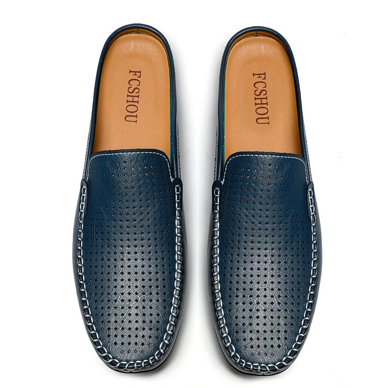 Fashion Summer Slip On Half Shoes Men Genuine Leather Slippers Breathable Male Casual Lazy Shoes Comfy Loafers Stylish Muller Moccasins