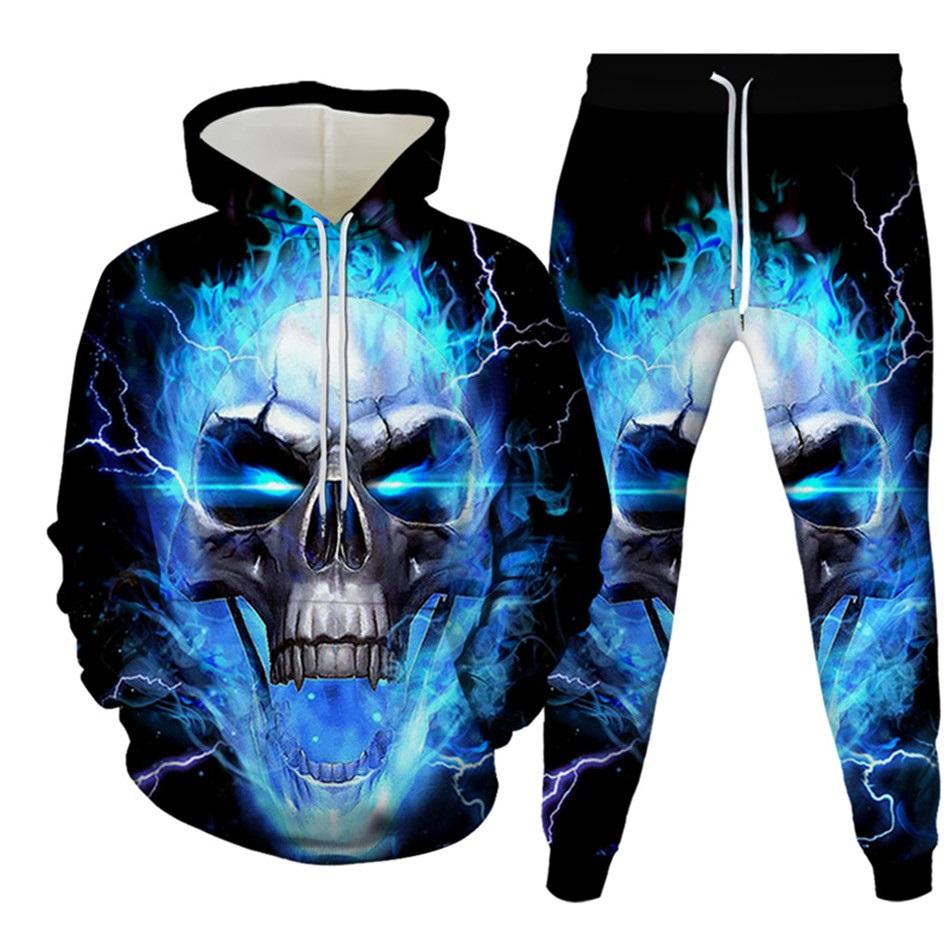 New Men's Tracksuit Sets Goth Punk Skull Fire 3D Printing Hoodies Pants Suit High Quality Skeletons Pullover Streetwear Oversized