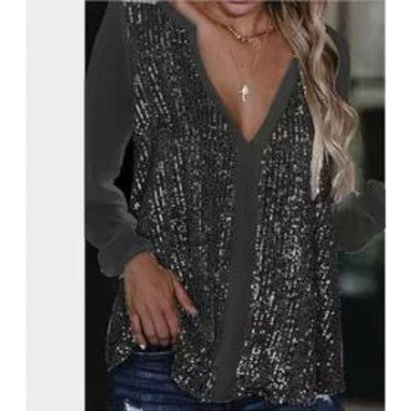 

Double Layered Sequined V-neck Shirt Double Layer Sequin V-neck Long Sleeve Shirt Female Black S