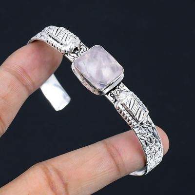 Anniversary Gift For Her Natural Rose Quartz Bangle Adjustable 925 Silver