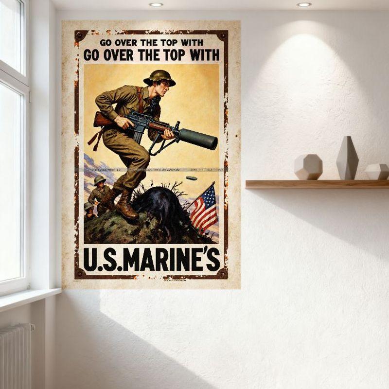 EE. UU. Vintage de la Segunda Guerra Mundial. Letrero Metálico de Reclutamiento de Marines, Marine Trepando Colina con Ametralladora, Decoración de Pared Retro de Propaganda
