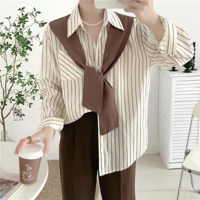 Women Shirt Lapel Long Sleeve Vertical Stripe Print Fake Two Pieces Shirt Tops