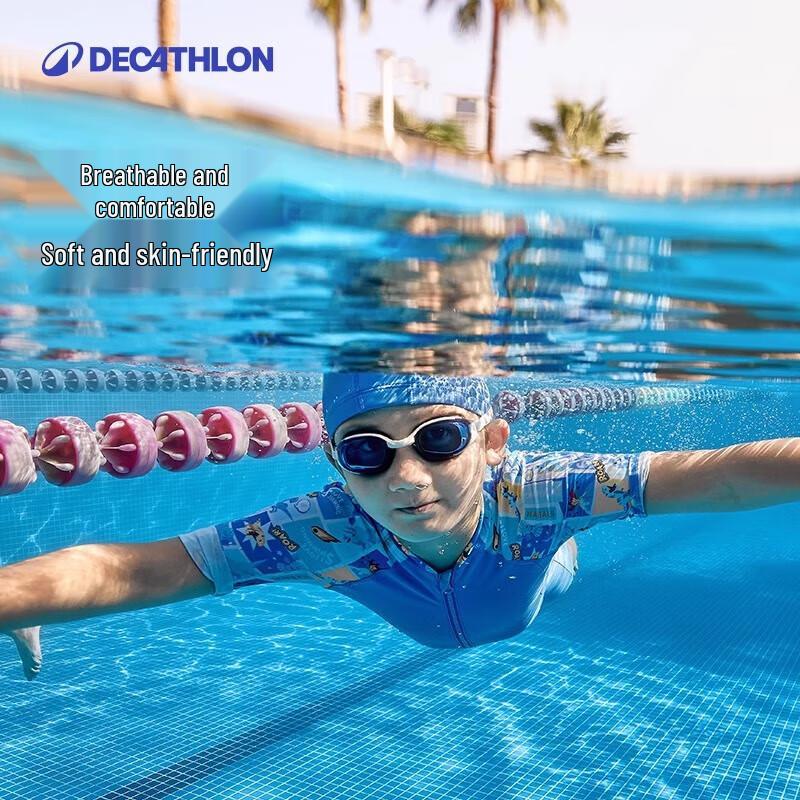Decathlon Boys' Short-Sleeve One-Piece Chlorine-Resistant Swimsuit