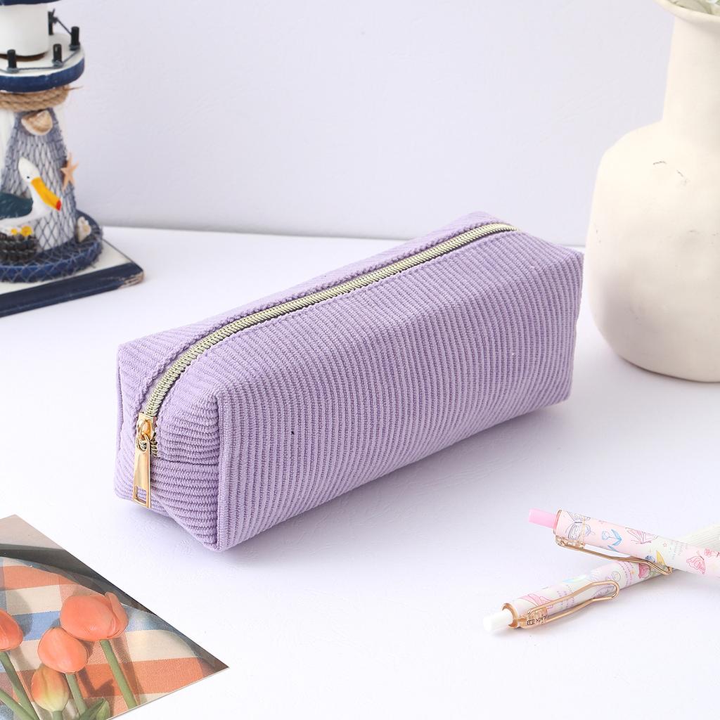 1 PC Solid Color Striped Corduroy Pencil Case Portable Large Capacity Desktop Stationery Storage Student Back-to-School Gift