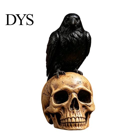 Creepy Gothic Accents Halloween Skull Figurine, Realistic Human Head Statue, Crow on Statue Sculpture for Home Tabletop Mantel Decor Decorations