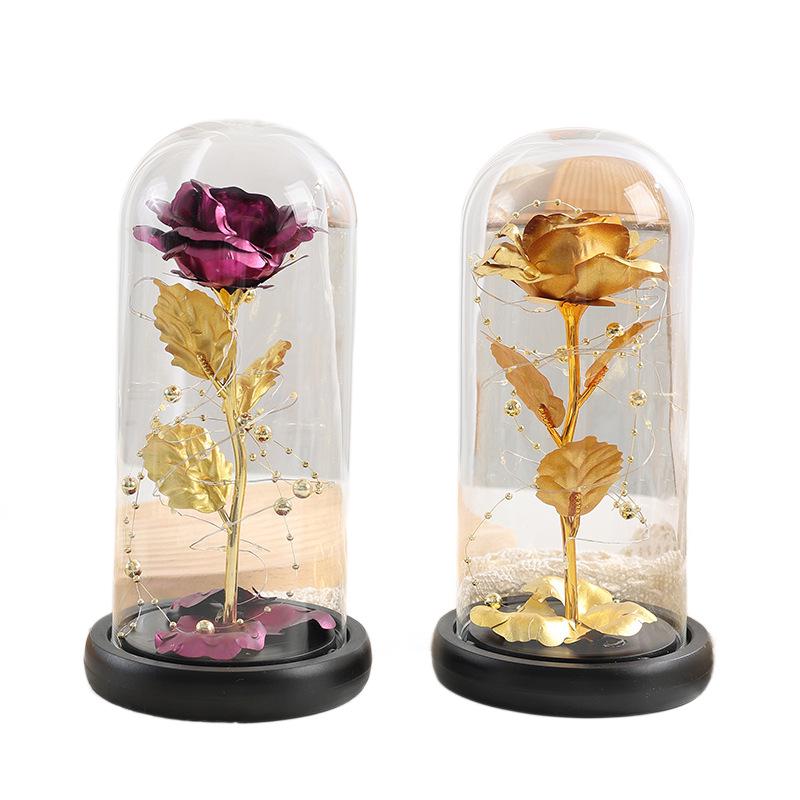 Gold Foil Rose Glass Lampshade Ornament with Gold Beads - Preserved Flower Gift for Birthday or Confession