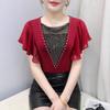 Summer Women's Sexy V-Neck Short Sleeve T-Shirts Elegant Luxury Hollowed-Out Hot Diamonds Casual Tops Brand Female Slim Tees Blouse
