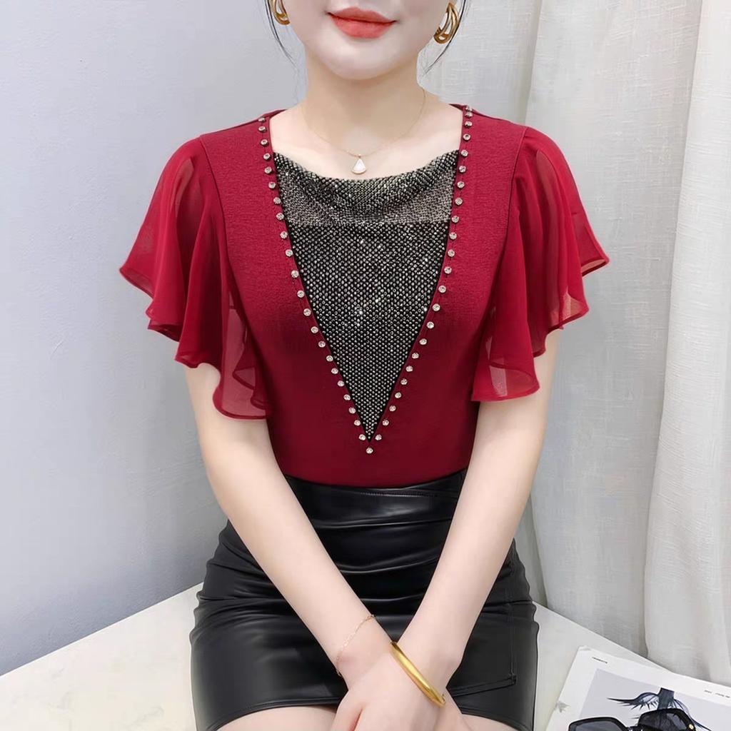 Summer Women's Sexy V-Neck Short Sleeve T-Shirts Elegant Luxury Hollowed-Out Hot Diamonds Casual Tops Brand Female Slim Tees Blouse