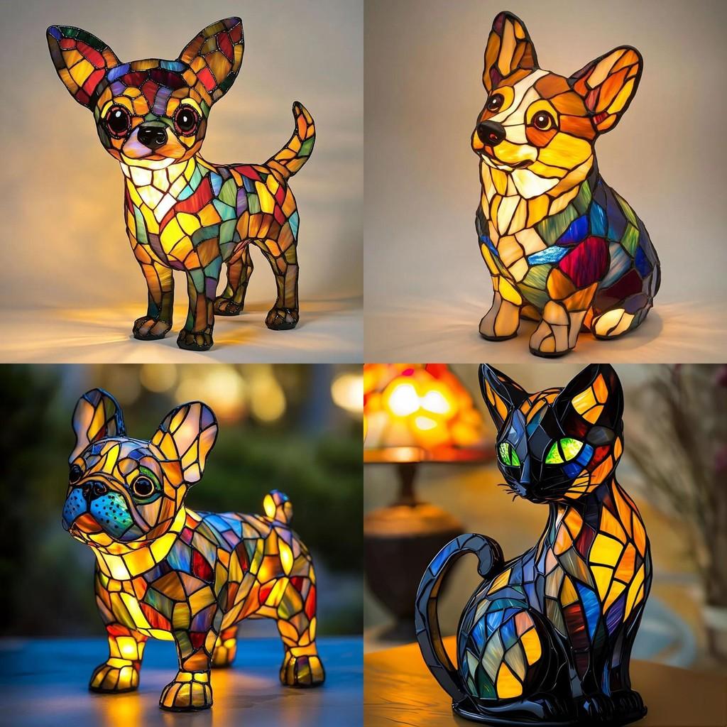 Gatto Cane Figurine in Resina Lampada LED con Interruttore di Alimentazione USB per Decorazione Soggiorno