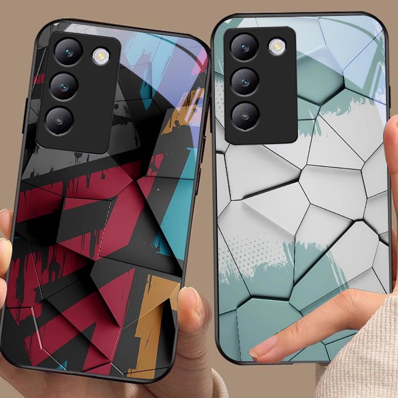 Geometric Pattern For Y72 33S 11 03 36 96 Lite 35 16 Iqoo 12 V40 SE 5G 29 40 21 30 X80 Pro Vivo Tempered Glass Phone Case Black