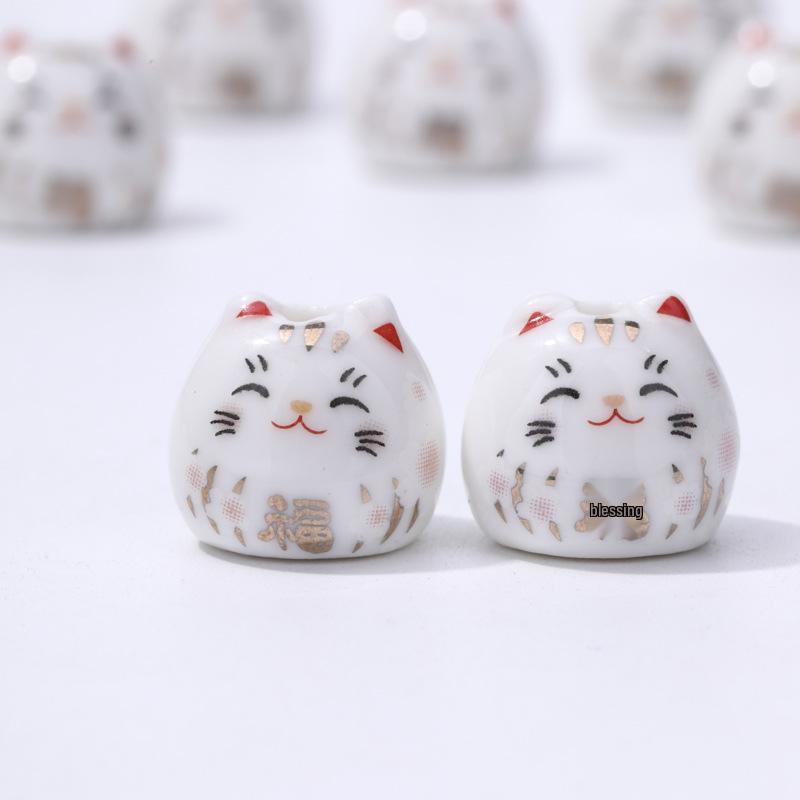 Ceramic Lucky Cat DIY Bracelet Pendant - Vertical Hole Beaded Charm Daruma Cat Accessories