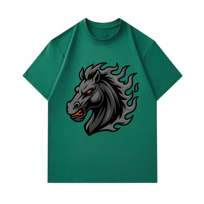Men's 100% Cotton Crew Neck Short Sleeve T-Shirt, Cool Dark Flame Hell Horse Head Graphic Printed Casual Breathable Summer Tops for Daily Street Wear