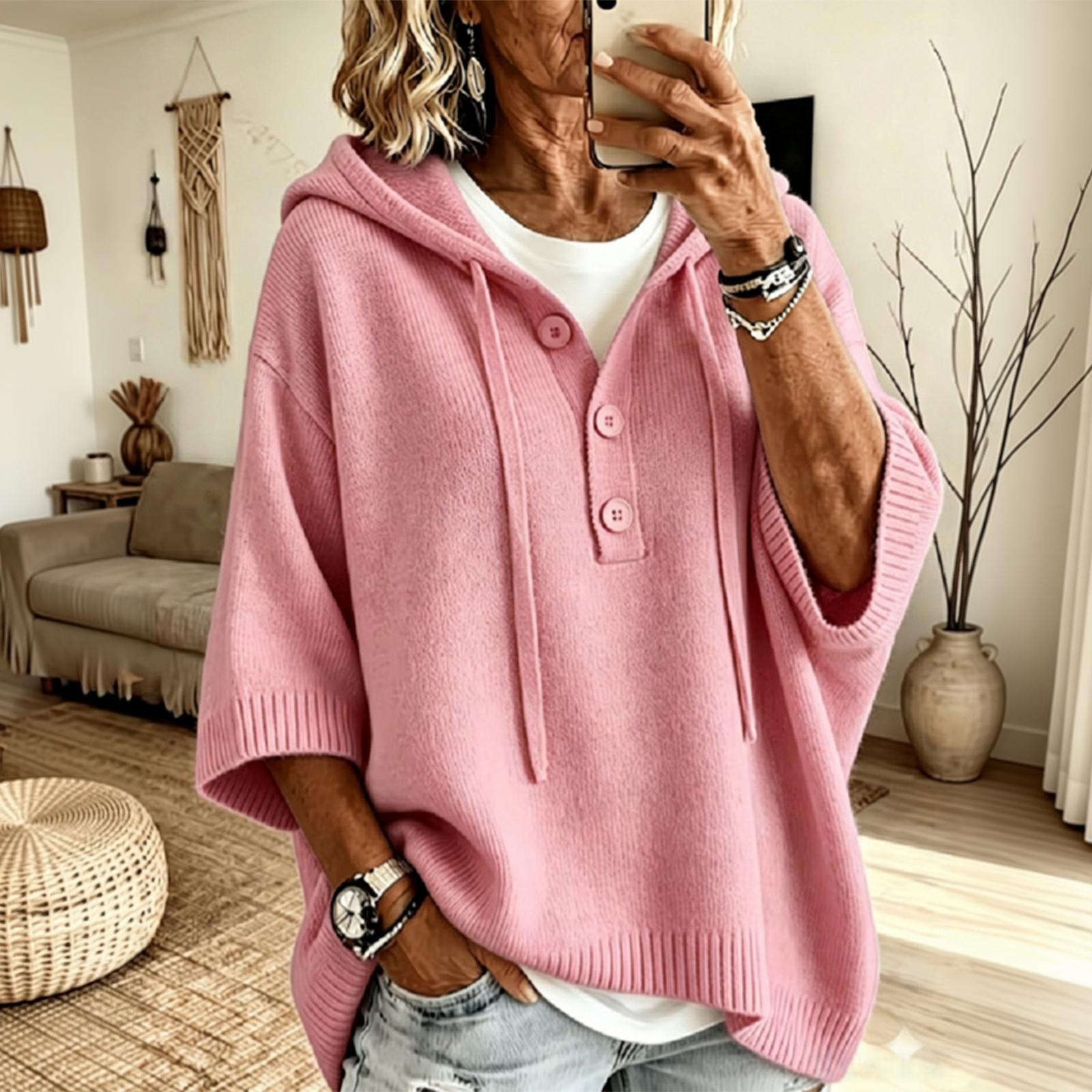 Women s Casual Color Three-Quarter Sleeve Hooded Drawstring Button Sweater, Loose Fit XXL