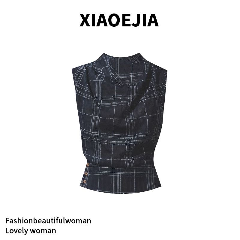Xiaoejia Retro Triangle Scarf Vest Women s Loose Slim Looking Plaid Tops Elegant Cinched Sleeveless T-shirt Navy blue S