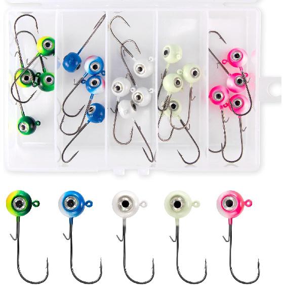 Alownder 20-Pack Fishing Walleye Jig Heads with 3D Holographic Eyes, Round Jig Heads Saltwater Freshwater Walleye jigs Live Bait jigs Bass Trout