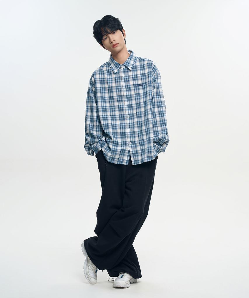 SLOW RECORD HOUSE Seersucker Oversized Check Shirt_Blue