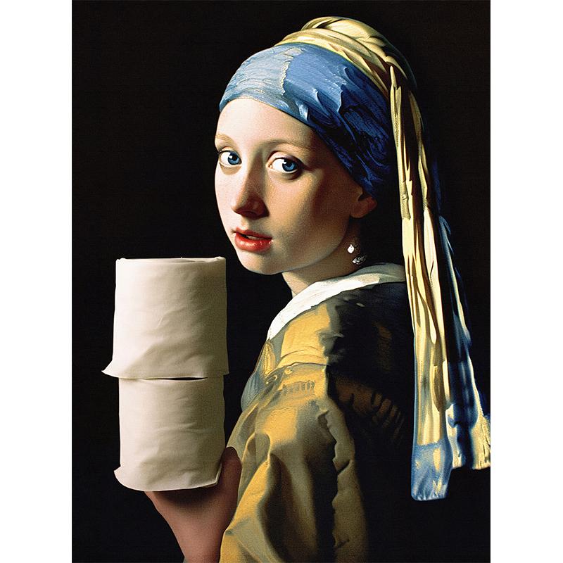 Funny Bathroom Toilet Mona Lisa Wearing Pearls Girl with Roll Paper Poster Print Canvas Painting Wall Art Living Room Home Decor