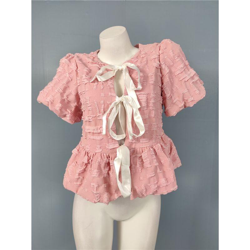 

Foreign Trade Order in Home French style Attractive Lace-up Bow Lady Temperament Puff sleeve Dark Pattern Concave-Convex Feel Top Women Pink L